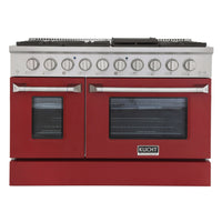 Kucht 48" KNG Series Pro Style Natural Gas Range - Stainless Steel/Red-Cook and bake like a pro with two separate ovens featuring large oven windows. The main oven is a heavy-duty blue porcelain oven with 4.2-cu-ft of capacity, while the additional side oven has 2.5-cu-ft of capacity