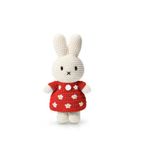 Just Dutch Miffy Handmade Bunny Plush Toy - Red Little Flower Dress-Hand-crocheted Miffy character plush toy featuring a vibrant red dress with a delicate flower pattern