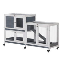 PawHut - Clapier à lapin en bois, maison pour animaux surélevée, cage à lapin - 58 po L x 18 po l x 35 po H - gris-6 roues pour faciliter le déplacement, dont 2 avec freins pour maintenir la cage en place 