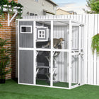 PawHut 66.5"L Outdoor Wooden Catio Walk-in Cat House with Jump Platforms - White-Tilt roof with PVC board and felt, and water-resistant treatment for weather resistance 