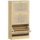 HOMCOM Rattan Shoe Storage Organizer with 3 Flip Drawers - Oak-Oak finish with rattan fronts and knobs for a boho chic style