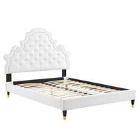 Modway Gwyneth Tufted Performance Velvet Full Platform Bed with Wood Legs and Gold Sleeves - White-Full Platform Bed