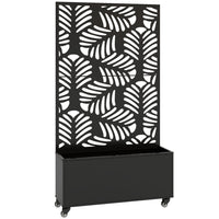 Outsunny Metal Planter Box on Wheels with 63" H Trellis - 35" L x 12" D - Monstera Leaf Cut-Outs-Privacy panel with monstera leaves cut-outs serves as a trellis 