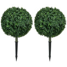 HOMCOM - Arbres topiaires artificiels en buis 27,6 po avec piquets de fixation au sol - vert - ensemble de 2-Boule topiaire réaliste en buis avec feuilles d’eucalyptus pour plus de texture et un aspect naturel 