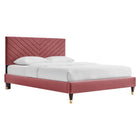 Modway Roxanne Performance Velvet Queen Platform Bed with Wood Legs and Gold Metal Sleeves - Dusty Rose-Performance Velvet Upholstery