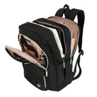Swissdigital Design Katy Rose Tech Backpack with Apple Find My - Black Platinum-Trolley sleeve fits over upright luggage handle for hands-free. Padded laptop compartment is typically designed to fit any laptop or tablet up to 16" in size. Padded tablet compartment is typically designed to fit any tablet up to 12.9" in size.
