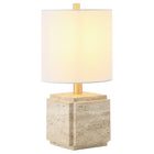 Hudson&Canal Pacha 16" Tall Stone Table Lamp with Fabric Shade - Natural Travertine-Paired with a white drum fabric shade