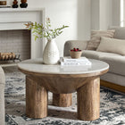 Modway Ellison 33" Round Wood Coffee Table With Marble Top - Walnut-Kiln-Dried Solid Mango Wood Drum-Style Base