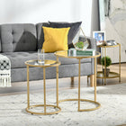 HOMCOM - Tables basses gigognes avec base en métal - or - ensemble de 2-Fabriqué en verre trempé et en métal, stable et fiable pour un usage quotidien et facile à nettoyer 