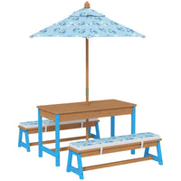 Qaba - Table de pique-nique pour enfants, ensemble table et bancs d'extérieur en bois avec parasol - bleu-L'ensemble de table peut accueillir quatre enfants pour une interaction en face à face
