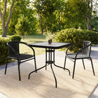 Flash Furniture 28" Square Glass Metal Table with Black Rattan Edging & 2 Black Rattan Stack Chairs-Designed for Indoor and Outdoor Use
