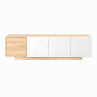 Nexera Riva TV Stand - 72" - Natural Maple/White-Generous Capacity: With ample space, this TV stand accommodates screens up to 80inches, providing the perfect platform for your entertainment needs. Upgrade yourviewing experience with a touch of Canadian craftsmanship and contemporary style