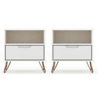 Manhattan Comfort Rockefeller 20.08" Mid-Century Modern 1-Drawer Nightstand 2-Piece Set - White-2-Piece Mid-Century Modern Nightstand for Bedroom and Living Room Use