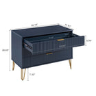 Manhattan Comfort DUMBO Modern 1-Drawer Nightstand and 3-Drawer Dresser Set - Midnight Blue-Horizontal Glam Drawer Handles Made of Metal with a Gold Finish.