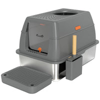 PawHut - bac à litière XL en acier inoxydable 80L avec couvercle, entrée avant/supérieure-Capacité XL de 21,1 gallons (80L), adaptée aux foyers avec plusieurs chats ou de grande taille 