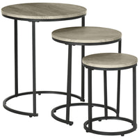 HOMCOM Nesting Tables- Grey - Set of 3-With a black steel frame and wood grain tabletop, this modern end table set is easily fit any decor 