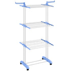 HOMCOM 4-Tier Steel Foldable Clothes Drying Rack with 4 Castors - Blue-3-tier rack with two swivel side wings (14 hooks) provides a large drying area for coats, socks, and a bottom shelf for shoes 