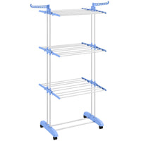 HOMCOM 4-Tier Steel Foldable Clothes Drying Rack with 4 Castors - Blue-3-tier rack with two swivel side wings (14 hooks) provides a large drying area for coats, socks, and a bottom shelf for shoes 