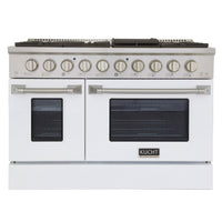 Kucht 48" KNG Series Pro Style Natural Gas Range - Stainless Steel/White-Cook and bake like a pro with two separate ovens featuring large oven windows. The main oven is a heavy-duty blue porcelain oven with 4.2-cu-ft of capacity, while the additional side oven has 2.5-cu-ft of capacity