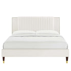 Modway Zahra Channel Tufted Performance Velvet Full Platform Bed with Wood Legs and Gold Metal Sleeves - White-Wood Legs with Gold Metal Sleeves