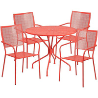 Table de jardin ronde de 35,25 po en acier corail et 4 chaises à dossier carré, intérieur/extérieur [CO-35RD-02CHR4-RED-GG]-L’ensemble comprend une table et 4 chaises