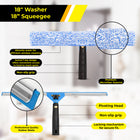 Gritt Commercial Pro Window Washing Cleaning Kit with - 18" Squeegee - 18" Washer - 20" Pole - 3 Pack-Handle swivels 180° to reach tight corners, edges and sills