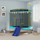 Qaba Toddler Trampoline with Slide, Swing, Basketball Hoop, Ladder and Safety Enclosure - 70" x 47" - Light Blue-This trampoline for kids features a convenient L-shaped zipper door for easy access 
