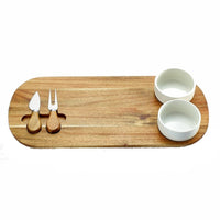 Splash 5-Piece Cheese Board with Bowls-Acacia wooden tray, ceramic bowls and stainless steel knife and fork with a wooden handle