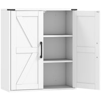 HOMCOM Farmhouse Bathroom Wall Cabinet with Barn Doors and Adjustable Shelves - White-Combines barn doors with black hardware, adding a modern farmhouse charm to your bathroom