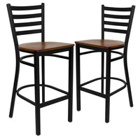 Flash Furniture - Tabouret de restaurant de la série HERCULES en métal noir avec dossier échelle - siège en bois de cerisier-Ensemble de 2 tabourets de bar en métal pour la salle à manger