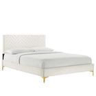 Modway Leah - Lit plateforme Simple en velours haute performance à motif chevrons avec pieds en métal doré et embouts - Blanc-Système de soutien en lattes de bois