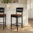 Modway Jax Oak Wood Bar Stool With Wavy Razor Back and Cushion - Black Cocoa-Fabric Seat Cushion