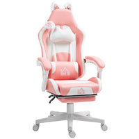 HOMCOM - Chaise de jeu inclinable en similicuir avec repose-pieds soutien lombaire et appui-tête - rose-Oreilles et patte de chat ajoutent une touche ludique et amusante