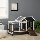 PawHut 29" H Rabbit Hutch with Wheels, Ramp, Run and Tray - Coffee-Streel wire fencing provides ventilation 