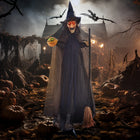 HOMCOM Animatronic Witch with Broomstick Prop Halloween Decoration-Activates automatically by touch or loud sounds 