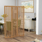 HOMCOM 3 Panel Wood Freestanding Room Divider for Home Office - Light Brown-Each solid wood screen panel with geometric pattern in the centre for added aesthetics 
