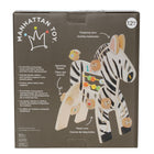 Manhattan Toy - Zèbre safari en bois, jouet d'activité-Comprend un mini-boulier, des perles de comptage en plastique, des oreilles et un oiseau à ressort, des toupies, un bloc de bois et des boutons rotatifs.