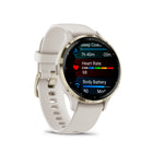 Garmin - Venu 3S - 41mm Lunette en acier inoxydable Soft Gold avec boîtier et bracelet en silicone ivoire-Connaissez mieux votre corps grâce à des fonctionnalités étendues de surveillance de la santé, notamment la fréquence cardiaque au poignet, le rapport du matin, l'âge de forme physique, le suivi du stress, le suivi du cycle menstruel et de la grossesse, la méditation et bien plus encore