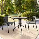 Flash Furniture 28" Round Glass Metal Table with Grey Rattan Edging & 2 Grey Rattan Stack Chairs-Designed for Indoor and Outdoor Use