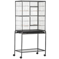 PawHut 64" H Large Metal Bird Cage with Detachable Rolling Stand - Black-Solid metal frame, steel wire and durable plastic construction, durable to last for years 