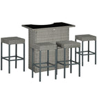 Outsunny - Ensemble de bar de patio 5 pièces avec Table de bar à dessus en verre trempé et étagères, 4 chaises de bar, gris-Ensemble de bar en rotin 5 pièces comprenant 1 table de bar et 4 tabourets pour une utilisation intérieure et extérieure