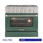 Kucht 36" KDF Series Pro Style Propane Gas Dual Fuel Range - Stainless Steel/Green-6-burner gas range includes one 20,000 BTU dual burner with simmer, one 15,000 BTU burner, one 12,000 BTU burner, two 9,000 BTU burners and one 6,000 BTU