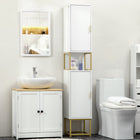Kleankin Narrow Bathroom Linen Cabinet with Adjustable Shelf and Two Doors - White-Open compartment and two cabinets provide ample storage options