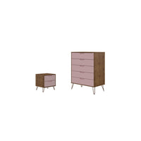 Manhattan Comfort Rockefeller Mid-Century Modern Tall Dresser and Nightstand Set - Nature/Rose Pink-Mid-Century Modern Tall Dresser and Nightstand for Bedroom Use.