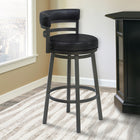 Armen Living Madrid 30" Bar Height Swivel Bar Stool in Ford Black Faux Leather & Mineral Finish-Whether you have a kitchen island, a bar table, pub table or peninsula, we've got you covered with any height you desire. Our bar height stools have a comfortable seat height of 30" and our counter height stools hold you at a convenient 26" seat height.