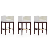 Manhattan Comfort Kingsley 21" Mid-Century Modern Faux Leather Upholstered Bar Stool - Ivory and Dark Walnut - 3 Pack-Mid-Century Modern Barstool with Backseat Perfect for Bar and Kitchen Use. Set of 3