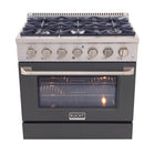 Kucht 36" KNG Series Pro Style Propane Gas Range - Stainless Steel/Cement Grey-6-burner gas range includes one 20 000 BTU dual burner featuring TrueSimmer, one 15 000 BTU burner, one 12 000 BTU burner, two 9 000 BTU burners and one 6 000 BTU low-simmer burner