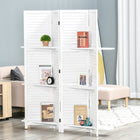 HOMCOM 4 Panel Freestanding Room Divider with Display Shelf for Home Office - White-Can block sunlight with opaque wood panels
