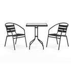 Flash Furniture 23.5" Square Glass Metal Table with 2 Black Metal Aluminum Slat Stack Chairs-Top Size: 23.5" Round