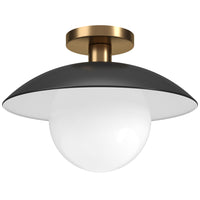 Hudson&Canal - Plafonnier semi-encastré Alvia de 14,5 po de large avec abat-jour en métal et verre - Noir mat/laiton/blanc-Design moderne et contemporain pour votre entrée, votre foyer ou votre cuisine